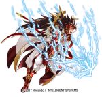  armor brown_eyes brown_hair electricity fire_emblem fire_emblem_heroes fire_emblem_if gloves kita_senri long_coat long_hair male_focus mask official_art open_mouth pants raijintou_(sword) red_armor ryouma_(fire_emblem_if) simple_background solo spiked_hair very_long_hair weapon white_background white_coat white_pants 