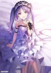  1girl bed fate/grand_order fate/hollow_ataraxia fate_(series) headband long_hair looking_at_viewer open_mouth purple_eyes purple_hair sitting smile smug stheno twintails white_dress 