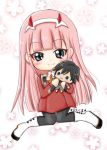  1girl bangs black_legwear blush boots check_commentary chibi commentary_request darling_in_the_franxx doll eyebrows_visible_through_hair fringe green_eyes hair_ornament hairband hiro_(darling_in_the_franxx) holding holding_doll horns hug long_hair long_sleeves looking_at_viewer military military_uniform necktie oni_horns orange_neckwear pantyhose pink_hair red_horns rirakkumahiroko signature solo uniform white_footwear white_hairband zero_two_(darling_in_the_franxx) 