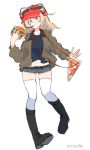  aaru_(kerogero1582) bag baseball_cap beer_hat belt black_belt black_footwear black_shirt blonde_hair blue_eyes blue_shorts boots brown_jacket can closed_mouth coca-cola denim denim_shorts drinking eyebrows_visible_through_hair food full_body girls_und_panzer hair_intakes hamburger handbag hat highres holding holding_food jacket kay_(girls_und_panzer) long_hair long_sleeves military military_uniform navel open_clothes open_jacket pizza red_hat saunders_military_uniform shirt short_shorts shorts simple_background smile soda_can solo standing thighhighs twitter_username uniform white_background white_legwear 