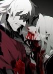  blood blood_on_face bloody_hands blue_eyes commentary_request facial_hair fate/apocrypha fate/extra fate/grand_order fate_(series) goatee grimace koshiro_itsuki long_hair multiple_boys mustache partially_colored pointy_ears red_eyes shaded_face smile spiked_hair upper_body vlad_iii_(fate/apocrypha) vlad_iii_(fate/extra) 