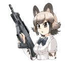  absurdres african_wild_dog_(kemono_friends) african_wild_dog_print animal_ears assault_rifle bow bowtie brown_hair bullpup collared_shirt dog_ears dog_tail elbow_gloves eotech eyebrows_visible_through_hair gloves gun highres holding holding_weapon kemono_friends light_brown_hair malyuk multicolored_hair omnisucker rifle shirt short_hair short_sleeves solo tail weapon 