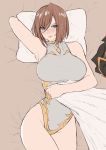  apollonia_vaar arms_behind_head bare_shoulders bed_sheet blush breasts brown_hair commentary from_above granblue_fantasy green_eyes hair_between_eyes highres hips large_breasts leotard looking_at_viewer lying norman_maggot on_back on_bed pillow short_hair solo thick_thighs thighs wide_hips 