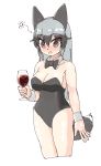  absurdres alternate_costume animal_ears blush bow bowtie breasts cowboy_shot cropped_legs cup drinking_glass eyebrows_visible_through_hair fox_ears fox_tail grey_hair highres kemono_friends leotard medium_breasts multicolored_hair nose_blush omnisucker playboy_bunny_leotard red_wine short_hair silver_fox_(kemono_friends) silver_hair sleeve_cuffs solo tail wine_glass 
