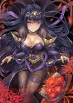  bare_shoulders black_dress black_hair blush bodystocking bouquet breasts cleavage detached_sleeves dress eyebrows_visible_through_hair fire_emblem fire_emblem:_kakusei fire_emblem_heroes flower highres hinot navel purple_eyes purple_ribbon red_ribbon ribbon rose tharja 