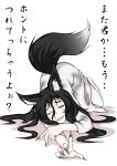  ;d absurdres animal_ears barefoot black_hair blush commentary_request doitsuken dress fang fingernails fox_ears fox_tail full_body grey_dress grey_eyes hair_between_eyes highres kemonomimi_mode long_fingernails long_hair looking_at_viewer one_eye_closed open_mouth reaching_out sharp_fingernails simple_background smile solo stretch tail tail_raised the_ring top-down_bottom-up translated white_background yamamura_sadako 