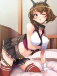  arm_support bare_shoulders black_skirt blush breasts brown_hair chain covered_nipples flipped_hair gloves green_eyes headgear indoors kantai_collection kneeling large_breasts looking_at_viewer metal_belt miniskirt mofu_namako mutsu_(kantai_collection) navel on_bed one_eye_closed open_mouth pillow pleated_skirt red_legwear rigging skirt smokestack solo striped striped_legwear striped_skirt thighhighs white_gloves 