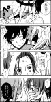  001_(darling_in_the_franxx) 1boy 1girl 4koma blush comic couple dark_skin darling_in_the_franxx eyebrows_visible_through_hair face-to-face facial_scar facing_another greyscale hand_on_another&#039;s_head hand_to_own_mouth hiro_(darling_in_the_franxx) horns licking long_hair looking_at_another monochrome one_eye_closed oni_horns sakuragouti scar short_hair smelling speech_bubble sweatdrop thick_eyebrows tongue tongue_out translation_request 