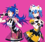  :o \m/ ahoge animal_ears arm_up bangs bili_girl_22 bili_girl_33 bilibili_douga black_bow black_choker blue_hair blush bow breasts cat_ears choker collarbone eyebrows_visible_through_hair fang fingernails hair_between_eyes hair_bow hands_up holding holding_microphone long_hair microphone multiple_girls nail_polish open_mouth parted_lips pink_background pink_bow pink_nails prophet_chu puffy_short_sleeves puffy_sleeves red_eyes red_skirt see-through shirt short_sleeves simple_background skirt small_breasts underbust very_long_hair yellow_skirt 