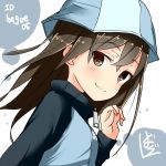  artist_name bangs barashiya blue_hat blue_jacket blush brown_eyes brown_hair circle closed_mouth emblem eyebrows_visible_through_hair from_side girls_und_panzer hat jacket keizoku_military_uniform leaning_forward long_hair long_sleeves looking_at_viewer mika_(girls_und_panzer) military military_uniform raglan_sleeves signature smile solo track_jacket twitter_username uniform upper_body white_background wind zipper_pull_tab 