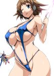  ;p bare_shoulders beam_saber blue_eyes blue_swimsuit breasts brown_hair cameltoe commentary_request covered_nipples gundam gundam_build_divers gunpla headphones highres holding holding_weapon huge_breasts looking_at_viewer model_kit nanase_nanami_(gundam_build_divers) navel o-ring o-ring_swimsuit one_eye_closed shiny shiny_hair shiny_skin short_hair simple_background skindentation slingshot_swimsuit smile solo standing swimsuit tongue tongue_out tsukasawa_takamatsu victory_gundam weapon white_background 