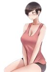  absurdres bare_arms bare_shoulders between_legs blush breasts brown_eyes brown_hair cleavage closed_mouth collarbone commentary earrings hand_between_legs highres jewelry large_breasts looking_to_the_side norman_maggot ol-chan_(norman_maggot) original pink_tank_top pixie_cut shirt short_hair short_shorts shorts sitting solo tank_top 