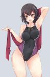  abenattou ass_visible_through_thighs black_hair black_swimsuit brown_hair caesar_(girls_und_panzer) cameltoe competition_swimsuit covered_navel cowboy_shot girls_und_panzer grey_background looking_at_viewer multicolored multicolored_clothes multicolored_swimsuit one-piece_swimsuit open_mouth red_towel short_hair simple_background smile solo standing swimsuit towel 