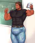  1boy bara body_hair bulge classroom crotch erection glasses male_focus muscle pecs school solo_focus tagme teacher yuatari 