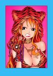  animal_hat animal_print armband bare_shoulders bikini_top blue_border border bracelet breasts brown_eyes chain choker cleavage eyeshadow gloves gold_chain hat highres jewelry large_breasts lipstick long_hair makeup nami_(one_piece) necklace one_piece orange_hair purple_background ring sherumaru_(korcht06) simple_background solo tiger_hat tiger_print tiger_stripe_bikini tiger_stripes upper_body watch 