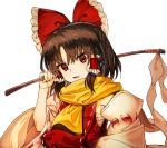  ascot bow brown_hair commentary_request detached_sleeves gohei hair_bow hair_tubes hakurei_reimu japanese_clothes looking_at_viewer manarou medium_hair miko red_bow red_eyes ribbon-trimmed_sleeves ribbon_trim sarashi scarf solo touhou upper_body white_background wide_sleeves 