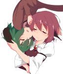  animal_ears bird_ears brooch cheek-to-cheek closed_eyes commentary cuddling drooling green_hair hug jewelry kasodani_kyouko long_sleeves multiple_girls mystia_lorelei open_mouth petting pink_hair playing_with_another's_hair puffy_sleeves short_hair sleeping smile tera_zip touhou upper_body white_background yuri 