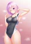  black_swimsuit competition_swimsuit covered_navel cowboy_shot eyes_visible_through_hair fate/grand_order fate_(series) gradient gradient_background hair_over_one_eye highres mash_kyrielight one-piece_swimsuit pink_background purple_eyes purple_hair short_hair solo standing swimsuit zuizhong 
