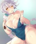  braid breasts commentary_request eyebrows_visible_through_hair gradient gradient_background hair_between_eyes kantai_collection large_breasts long_hair long_ponytail looking_at_viewer nipples one-piece_swimsuit ponytail single_braid sitting solo swimsuit undressing unryuu_(kantai_collection) white_hair yamaarashi yellow_eyes 