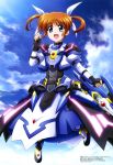  absurdres armor artist_request black_gloves brown_hair faulds fingerless_gloves gloves glowing gun highres holding holding_gun holding_weapon long_hair long_sleeves looking_at_viewer lyrical_nanoha magical_girl mahou_shoujo_lyrical_nanoha_detonation megami official_art puffy_sleeves purple_eyes shiny shiny_hair skirt solo takamachi_nanoha twintails weapon 