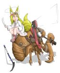  absurdres animal animal_ears blonde_hair bug cicada closed_mouth clothed_animal commentary_request doitsuken dress drinking fox_ears fox_tail from_side gloves headband headlight highres holding ice_pick insect long_hair monster_energy mouth_hold original oversized_animal pouch scissors shoes sitting smile socks solo tail translated white_dress 