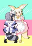  adapted_costume alternate_costume animal_ears back_bow black_hair blonde_hair blush bow bowtie commentary_request common_raccoon_(kemono_friends) dress elbow_gloves enmaided eyebrows_visible_through_hair fennec_(kemono_friends) fox_ears fox_tail full_body fur_collar fur_trim gloves grey_hair hands_on_hips highres kemono_friends maid maid_headdress multicolored_hair multiple_girls pantyhose puffy_short_sleeves puffy_sleeves raccoon_ears raccoon_tail shima_noji_(dash_plus) short_hair short_sleeves tail 