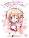  2018 ;d apron brown_hair character_name chibi dated dress english floral_background flower gochuumon_wa_usagi_desu_ka? hair_ribbon happy_birthday heart hoto_cocoa index_finger_raised long_sleeves looking_at_viewer maid_apron maid_headdress nanase_miori one_eye_closed open_mouth outstretched_arm pink_apron pink_flower pleated_dress pleated_skirt polka_dot polka_dot_background purple_eyes red_dress red_ribbon ribbon short_hair skirt smile solo thighhighs white_apron white_background white_legwear 