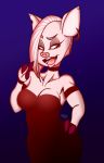  3_fingers anthro bracelet breasts choker cleavage clothed clothing digital_media_(artwork) eyeliner eyeshadow fangs female hair hellabrany jewelry lips looking_at_viewer makeup mammal monochrome piercing pig porcine short_hair simple_background smug solo solo_focus wide_hips 
