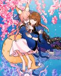  animal_ear_fluff animal_ears bangs bare_shoulders barefoot brown_eyes brown_hair commentary_request detached_sleeves different_reflection dress fate/extella fate/extra fate_(series) flower fox_ears fox_tail hair_between_eyes hooreng hug hug_from_behind kishinami_hakuno_(female) long_hair multiple_girls one_eye_closed petals pink_hair reflection smile spoilers tail tamamo_(fate)_(all) tamamo_no_mae_(fate) water white_dress wide_sleeves yuri 