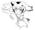  :d bird_tail blush english frankseven greyscale head_wings highres holding_hands kemono_friends looking_at_viewer monochrome northern_white-faced_owl_(kemono_friends) open_mouth out_of_frame pointing pov short_hair smile solo_focus 