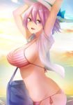  arms_up bikini blush breasts cleavage fate/grand_order fate_(series) hat highres large_breasts looking_at_viewer mash_kyrielight midriff navel open_mouth outdoors purple_eyes purple_hair shirt short_hair smile stomach sun_hat swimsuit t-shirt xiaodi 