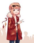  alternate_costume belt belt_buckle blonde_hair bracelet brown_eyes buckle commentary cowboy_shot eyewear_on_head flandre_scarlet fur_trim jacket jewelry long_sleeves looking_at_viewer nail_polish no_hat no_headwear pants pointy_ears side_ponytail silhouette simple_background smile solo sunglasses touhou v watch wings yoruny zipper 