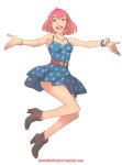  1girl ankle_boots annie_mei annie_mei_project belt blue_dress boots bracelet breasts caleb_thomas dress earrings full_body green_eyes jewelry jumping lips looking_at_viewer necklace open_mouth outstretched_arms pink_hair short_hair small_breasts smile solo spaghetti_strap star star_print 