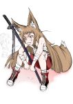  absurdres angry animal_ears bandaged_arm bandaged_leg bandages belt blush brown_hair commentary_request doitsuken fox_ears fox_girl fox_tail highres katana on_ground original pants red_eyes red_footwear red_pants sarashi sitting solo sweat sword tail tears weapon white_belt 