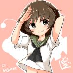  adapted_uniform akiyama_yukari anglerfish arm_behind_head artist_name bangs barashiya black_neckwear blouse brown_eyes brown_hair closed_mouth emblem eyebrows_visible_through_hair girls_und_panzer head_tilt looking_at_viewer messy_hair navel neckerchief ooarai_school_uniform pink_background salute school_uniform serafuku short_hair short_sleeves signature smile solo standing twitter_username upper_body white_blouse 