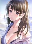  bangs black_bra black_hair blue_eyes blurry blurry_background blush bokeh bra breasts cleavage collarbone commentary crying depth_of_field frown highres large_breasts long_hair looking_at_viewer off_shoulder original pout shirt sketch solo takeashiro tears underwear upper_body 