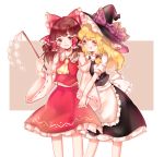  :d apron ascot bare_shoulders blonde_hair blouse blush bow braid brown_eyes brown_hair commentary detached_sleeves frilled_shirt_collar frills gohei grin hair_bow hair_tubes hakurei_reimu hat hat_bow highres holding_hands interlocked_fingers kirisame_marisa large_bow long_hair looking_at_viewer multiple_girls open_mouth puffy_short_sleeves puffy_sleeves sarashi sash short_sleeves side_braid single_braid skirt skirt_set slimesushi smile touhou turtleneck waist_apron wavy_hair witch_hat yellow_eyes yuri 