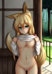  3: animal_ears ass_visible_through_thighs blonde_hair blush bottomless breasts commentary_request day embarrassed eyebrows_visible_through_hair fox_ears fox_tail green_eyes hair_between_eyes highres himeka_chiyako large_breasts lifted_by_self long_hair looking_at_viewer maebari minaha_(playjoe2005) navel original solo tail tree underboob 