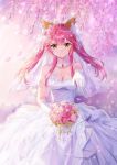  animal_ears bare_shoulders bouquet breasts bridal_veil bride cleavage collarbone dress elbow_gloves fate/grand_order fate_(series) flower formal fox_ears gloves guaizi hair_flower hair_ornament highres jewelry large_breasts necklace pink_hair rose solo strapless strapless_dress suit tamamo_(fate)_(all) tamamo_no_mae_(fate) veil wedding wedding_dress white_dress white_gloves yellow_eyes 