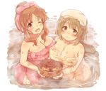  7010 ;d bangs basket blush breasts brown_eyes brown_hair cleavage commentary_request eyebrows_visible_through_hair floral_print food heart heart_print idolmaster idolmaster_cinderella_girls large_breasts looking_at_viewer mimura_kanako muffin multiple_girls naked_towel one_eye_closed onsen open_mouth partially_submerged pink_towel short_hair smile totoki_airi towel towel_on_head water wet yellow_towel 