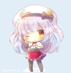  ;) ajax_(azur_lane) azur_lane beret black_bow black_footwear black_legwear blue_background blush bow brown_eyes capelet chibi closed_mouth detached_sleeves full_body hand_up hat hat_bow kouu_hiyoyo long_hair long_sleeves looking_at_viewer one_eye_closed pantyhose pleated_skirt red_skirt remodel_(azur_lane) shirt silver_hair skirt smile solo standing twitter_username two_side_up very_long_hair white_capelet white_hat white_shirt 