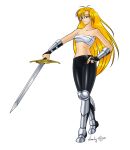  1girl armor blonde_hair blue_eyes janne_d&#039;arc leather leather_pants long_hair neo_geo shiny_clothes skin_tight sword world_heroes 