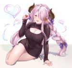  blue_eyes blush breasts chokuro commentary_request draph dress granblue_fantasy hair_over_one_eye large_breasts lavender_hair long_hair long_sleeves looking_at_viewer meme_attire narmaya_(granblue_fantasy) open-chest_sweater purple_hair ribbed_sweater smile solo sweater sweater_dress 