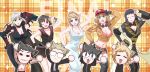  5girls :3 animal_ears aranea_highwind armor black_hair blonde_hair blue_eyes bra breasts brown_hair carnival_phantasm cat_ears chibi cidney_aurum cleavage commentary_request cropped_jacket dancing dress expressionless final_fantasy final_fantasy_xv gentiana gladiolus_amicitia goggles goggles_around_neck green_eyes hat ignis_scientia iris_amicitia looking_at_viewer lunafreya_nox_fleuret multiple_boys multiple_girls noctis_lucis_caelum one_eye_closed parody prompto_argentum shirtless silver_hair sleeveless sleeveless_dress smile spiked_hair super_affection tattoo underwear unzipped yz_cafe 