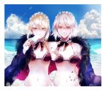 absurdres ahoge artoria_pendragon_(all) artoria_pendragon_(swimsuit_rider_alter) artoria_pendragon_(swimsuit_rider_alter)_(cosplay) bare_shoulders beach bikini black_bikini blonde_hair blue_sky braid breasts cleavage cloud cloudy_sky commentary cosplay day erenaibi eyebrows_visible_through_hair fate/grand_order fate/stay_night fate_(series) french_braid gothic_lolita highres holding jeanne_d'arc_(alter)_(fate) jeanne_d'arc_(fate)_(all) lolita_fashion looking_at_viewer maid_bikini maid_headdress medium_breasts multiple_girls ocean outdoors saber saber_alter silver_hair sky smile swimsuit upper_body water wicked_dragon_witch_ver._shinjuku_1999 yellow_eyes 