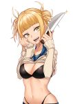  aori_sora bangs black_bra black_panties blonde_hair blunt_bangs boku_no_hero_academia bra breasts cardigan cleavage clenched_hand commentary_request double_bun eyebrows_visible_through_hair hair_bun hand_on_own_cheek hands_up highleg highleg_panties highres holding holding_knife knife long_sleeves looking_at_viewer medium_breasts messy_hair navel open_mouth panties school_uniform serafuku shirt_lift simple_background skirt skirt_pull solo sparkle toga_himiko tongue underwear upper_body upper_teeth weapon white_background yellow_eyes 