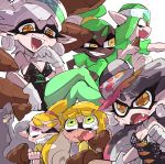  2boys 4girls :d aori_(splatoon) bamboo black_hair blonde_hair breasts cleavage clenched_hand cousins crossed_legs dark_skin dark_skinned_male detached_collar domino_mask earrings fang fangs food food_on_head furrowed_eyebrows g_perarikku gloves green_eyes green_hair green_legwear green_shirt grin hair_rings hand_up highres holding holding_mushroom hoop_earrings hotaru_(splatoon) inkling jewelry long_hair mask medium_breasts multiple_boys multiple_girls mushroom object_on_head ojou-sama_pose open_mouth orange_eyes pantyhose pink_eyes pointy_ears shirt short_hair sideways_mouth silver_hair simple_background sitting smile splatoon_(series) splatoon_1 suction_cups sweat symbol-shaped_pupils t-shirt tears teeth tongue unitard very_long_hair white_background white_gloves yellow_eyes yellow_shirt 