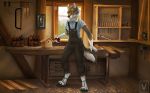  2018 4_toes 5_fingers anthro black_nose canine clothed clothing detailed_background digital_media_(artwork) digitigrade dog male mammal minerea smile solo stanidng toes 