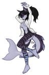  2018 5_fingers anthro barefoot black_hair bottomless breasts clothed clothing convenient_censorship digital_media_(artwork) female fin fish hair kaitycuddle lila_(dtjames) marine mostly_nude navel shark simple_background smile solo standing white_background 