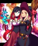  2girls bare_shoulders black_hair blonde_hair blue_eyes blue_fire breasts broom crow_(gravity_daze) detached_sleeves dress fire gravity_daze gravity_daze_2 hat kitten_(gravity_daze) multicolored_hair multiple_girls nail_polish red_eyes red_hair two-tone_hair witch_hat 